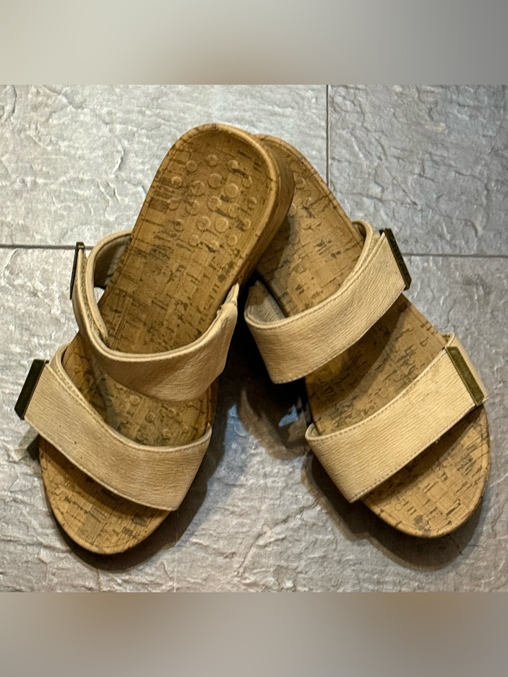 Vionic Tan Double-Strap Velcro Slide Sandals with 3” Cork Heels